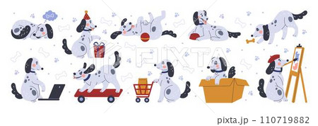 Cartoon dogs. Funny dalmatian. Cute pet activity. Happy animal character painting or working at laptop. Mammal on skateboard. Play with ball and bone. Present box. Puppy actions vector tidy set flat 110719882