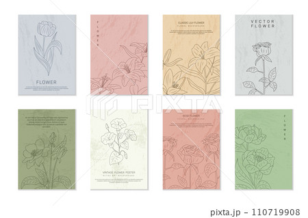 Flower vintage frame. Floral elegant cards. Rose or lily. Romantic wallpaper. Blooming plant. Graphic background. Classic invitation. Retro design. Wedding label. Vector garish anniversary banners set 110719908