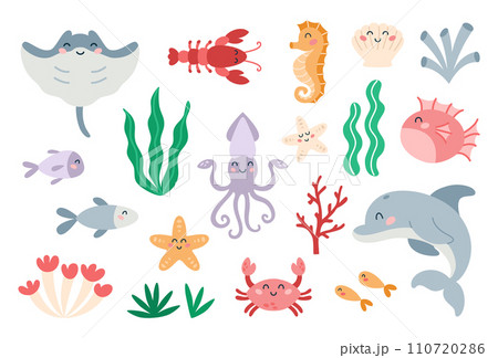 Set of cute marine animals in flat cartoon style. Sea life, ocean design elements for printing, poster, card. Vector illustration Set of cute marine animals in flat cartoon style. Sea life, ocean design elements for printing, poster, card. Vector illustration 110720286