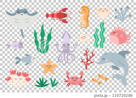 Set of cute marine animals in flat cartoon style. Sea life, ocean design elements for printing, poster, card. Vector illustration Set of cute marine animals in flat cartoon style. Sea life, ocean design elements for printing, poster, card. Vector illustration 110720286