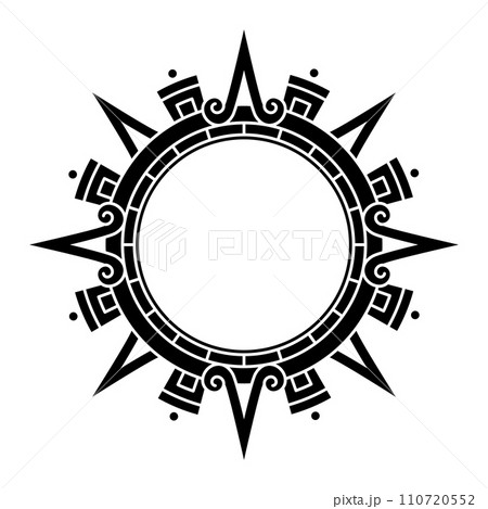 Aztec solar disk, sun symbol and diadem, representing Aztec sun deity Tonatiuh. Main arrows or sun rays pointing in the cardinal directions, with further subdivisions for inter-cardinal directions. 110720552