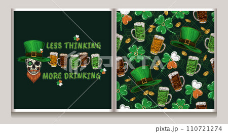 St Patricks day seamless pattern, funny label with skull, leprechaun hat, glasses of beer, scattered golden coins, shamrock leaves on dark background. Vintage illustration for holiday design 110721274