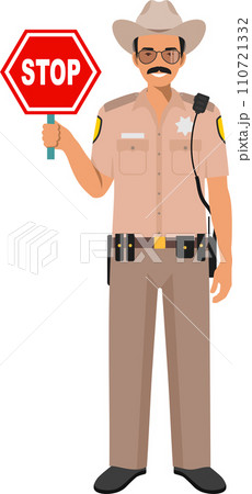Standing American Policeman Sheriff Officer with Warning Sign Stop in Traditional Uniform Character Icon in Flat Style. Vector Illustration 110721332