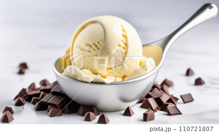 Vanilla ice cream scoop with chocolate chips 110721807