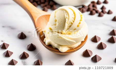 Vanilla ice cream scoop with chocolate chips 110721809
