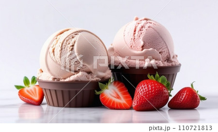 Strawberry, vanilla, chocolate different flavor ice cream scoops side view on white background 110721813