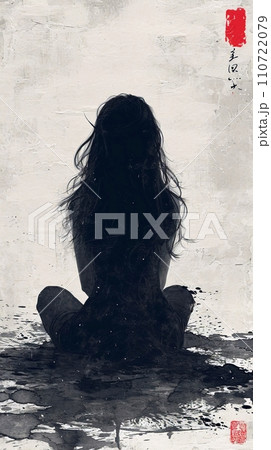 水墨画掛け軸の女性のシルエットのイラスト素材 [110722079] - PIXTA