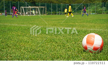 芝生の上に置かれたサッカーボール 110722311