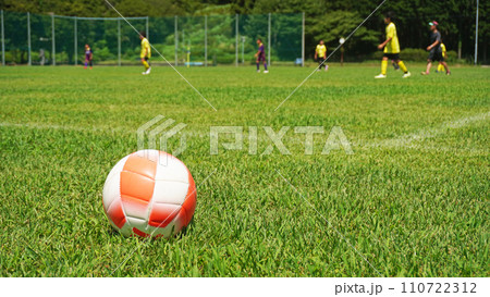 芝生の上に置かれたサッカーボール 110722312