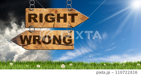 Two Wooden Directional Signs with Text Right and Wrong 110722816