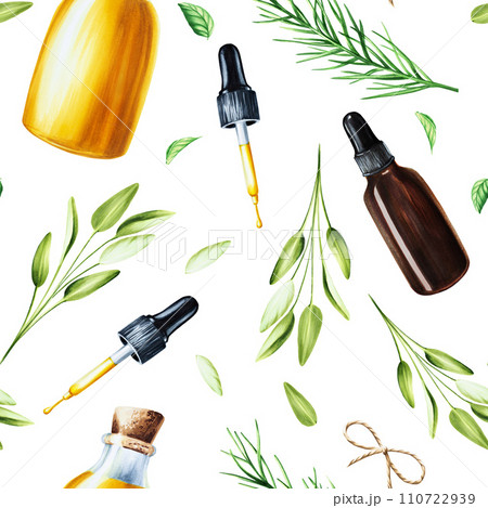 Watercolor seamless pattern with aromatic herbs with bottles of serum. Illustrations of fresh rosemary, mint, sage isolated on background. Detail of beauty products and botany set, cosmetology and Watercolor seamless pattern with aromatic herbs with bottles of serum. Illustrations of fresh rosemary, mint, sage isolated on background. Detail of beauty products and botany set, cosmetology and 110722939