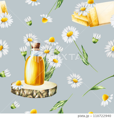 Watercolor seamless pattern with white daisy flowers illustration and oil glass bottle with cork cap on a wooden saw isolated on background. Chamomile. Detail of beauty products and botany set 110722940