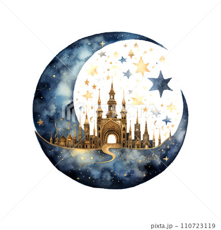 Ramadan crescent moon watercolor illustration on white background 110723119