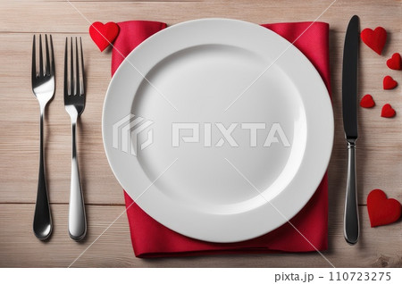 Empty plate mock up for saint valentine's day. Holiday love table setting Empty plate mock up for saint valentine's day. Holiday love table setting 110723275
