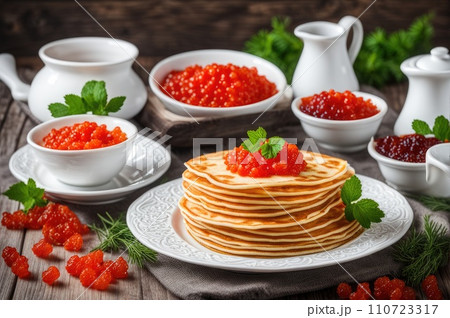 stack of very thin pancakes. traditional for Russian pancake week. Shrove tide 110723317