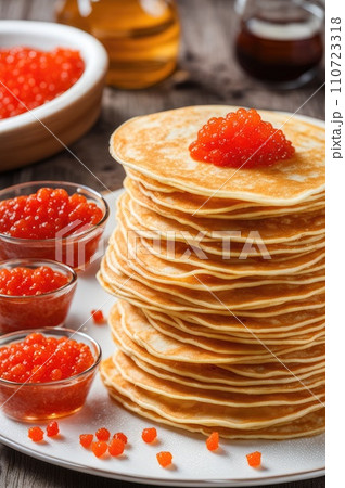 stack of very thin pancakes. traditional for Russian pancake week. Shrove tide 110723318