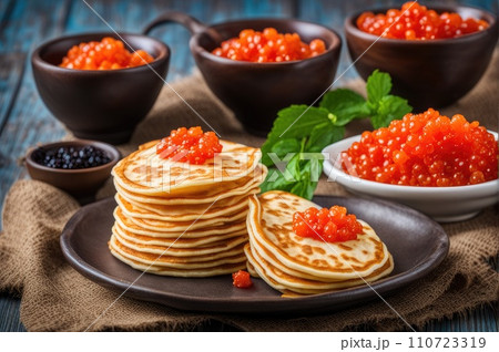 stack of very thin pancakes. traditional for Russian pancake week. Shrove tide 110723319