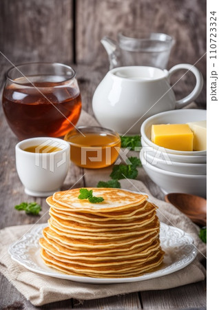 stack of very thin pancakes. traditional for Russian pancake week. Shrove tide 110723324