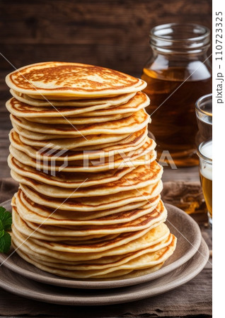 stack of very thin pancakes. traditional for Russian pancake week. Shrove tide 110723325