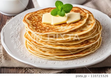 stack of very thin pancakes. traditional for Russian pancake week. Shrove tide 110723326