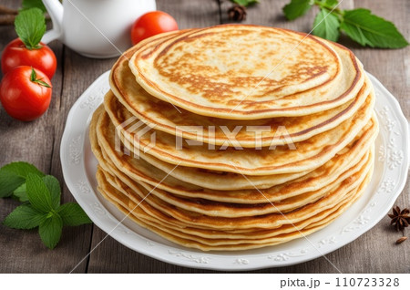 stack of very thin pancakes. traditional for Russian pancake week. Shrove tide 110723328
