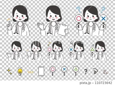 女醫生合影。手指的手勢和拿著丸子棒的手勢。 女醫生合影。手指的手勢和拿著丸子棒的手勢。 110723642