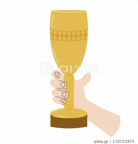 Hand holds the cup winner sports competitions. Prize champion first place and achievement. Design poster banner. Vector illustration. 110723973
