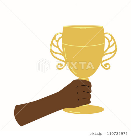 Hand holds the cup winner sports competitions. Prize champion first place and achievement. Design poster banner. Vector illustration. Hand holds the cup winner sports competitions. Prize champion first place and achievement. Design poster banner. Vector illustration. 110723975