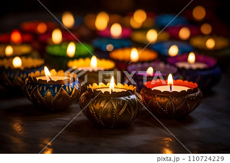 Oil lamps and candles lit at night during diwali celebration Oil lamps and candles lit at night during diwali celebration 110724229