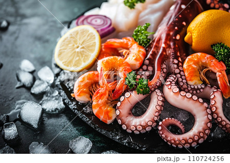 Fresh raw octopus on ice with fish and sea food Fresh raw octopus on ice with fish and sea food 110724256