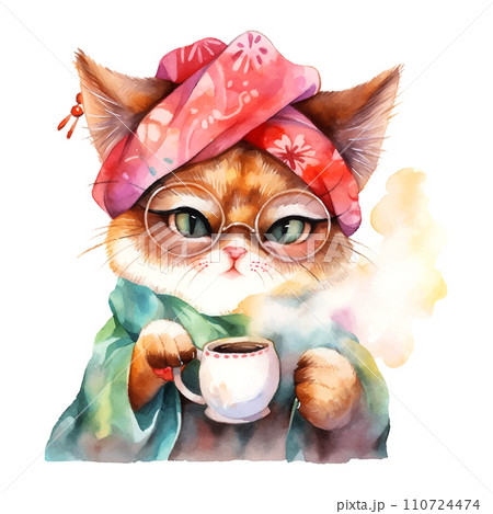 cat in the turban with a cup of coffee watercolor on white background 110724474