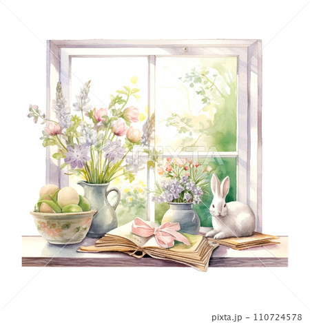 Spring windowsill landscape scene with Spring objects like books, vase with flowers, bunny cottage ore look Spring windowsill landscape scene with Spring objects like books, vase with flowers, bunny cottage ore look 110724578