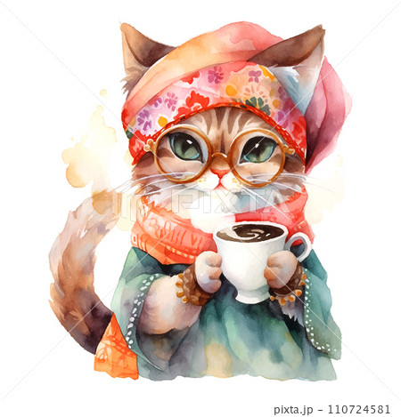 cat in the turban with a cup of coffee watercolor on white background 110724581