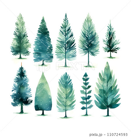 a variety of watercolor christmas trees in blue color, in the style of dark maroon and light green, distinctive 110724593