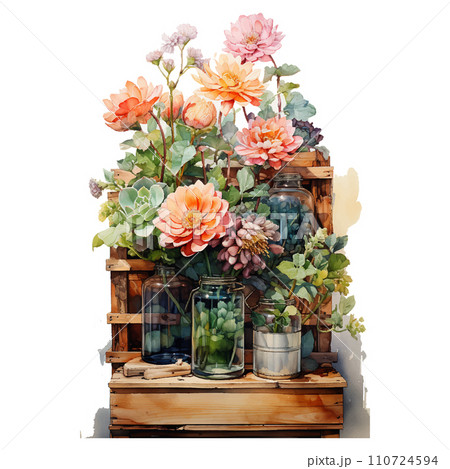 an light colors watercolor illustration a very few old wooden boxes piled up with two flowers in high 110724594