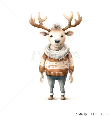 cartoon Caribou with antlers , on a white background , sweaters and boots, in the style of soft watercolor 110724595