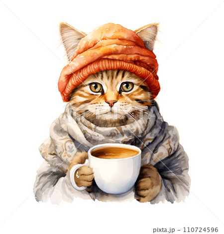 cat in the turban with a cup of coffee watercolor on white background 110724596