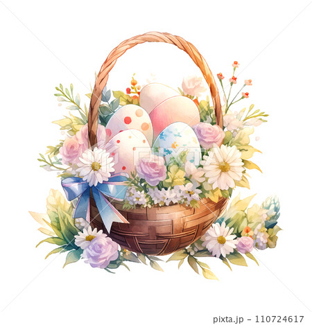 easter multicolored eggs with flowers in a basket watercolor on white background 110724617