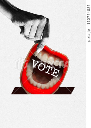 Contemporary art collage. Monochrome female hand puts her colorful mouth to white voting box as voting ballot. Grainy fabric effect. 110724885