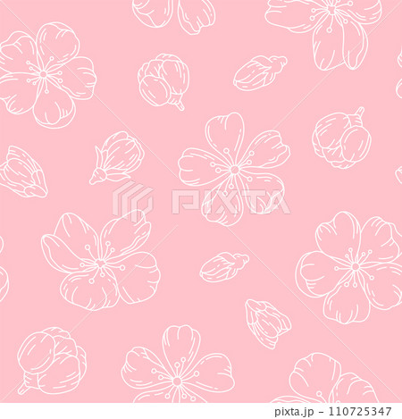 Hand drawn seamless pattern cherry blossom sketch white line. Spring bud vintage japanese wrap paper texture print fabric design wallpaper backdrop gift print sticker tropical mandala garden romantic 110725347