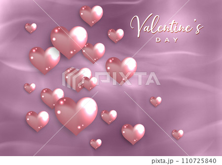 Happy Valentines day elegant card. 3D glossy pink glass hearts on old rose paper background. Fashion Holiday poster, jewels. Concept for Valentines banner, flyer, party invitation, jewelry gift shop 110725840