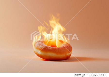 Burning sweet donut, doughnut on fire. Hot baked roll in flames, junk food, burning calories, weight loss and healthy diet concept. Burn fat, fit motivation, discipline, regime, healthy food choices 110726348