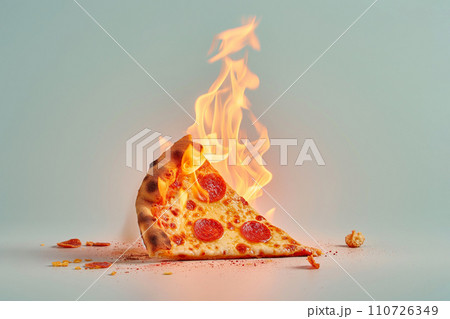 Burning pizza, slice of pizza on fire. Italian pie in flames, spicy food, burning calories, weight loss and healthy diet concept. Fit motivation, discipline, regime, healthy food choices, burn fat 110726349