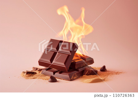Burning chocolate bar, chocolate on fire. Hot block of chocolate in flames. Burning calories, weight loss and healthy diet concept. Burn fat, fit motivation, discipline, regime, healthy food choices 110726363