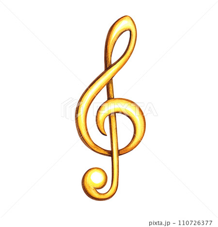 The golden treble clef. The watercolor illustration is hand-drawn. Isolate. For logos, badges, stickers and prints. For postcards, business cards, flyers and posters. 110726377