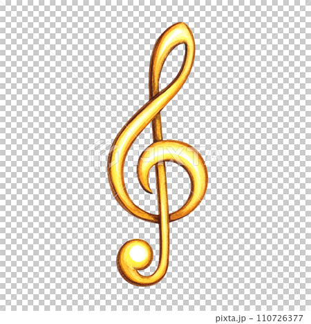 The golden treble clef. The watercolor illustration is hand-drawn. Isolate. For logos, badges, stickers and prints. For postcards, business cards, flyers and posters. 110726377