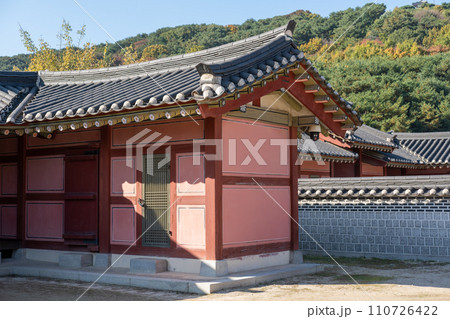Hwaseong Haenggung, temporary palace where the king used to stay when he traveled outside of Seoul, South Korea. with the autumn nature background. It is famous as K-drama filming location. 110726422