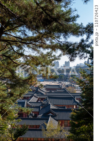 View of Traditional Korean Roof from above of Hwaseong Haenggung, temporary palace where the king used to stay when he traveled outside of Seoul, South Korea. It is famous as K-drama filming location. 110726423