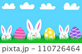 Happy Easter banner with three funny white rabbits and colorful Easter eggs. Easter cute bunny in green grass. Festive decoration in bright colors 110726464