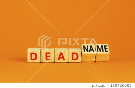 Deadname or name symbol. Concept words Deadname or Name on beautiful wooden blocks. Beautiful orange table orange background. Business, deadname or name concept. Copy space. 110726603